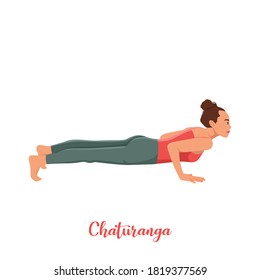 Woman doing yoga pose. Chaturanga pose. Flat vector illustration isolated on white background