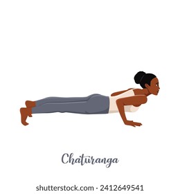 Woman doing yoga pose. Chaturanga pose. Flat vector illustration isolated on white background