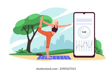 Woman doing yoga pose, flat graphic style, park background. Concept of fitness tracking. Vector illustration