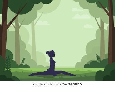 Woman doing yoga pose in jungle setting. Girl performing split stretch. Recreation, health, wellness, meditation, nature concept.