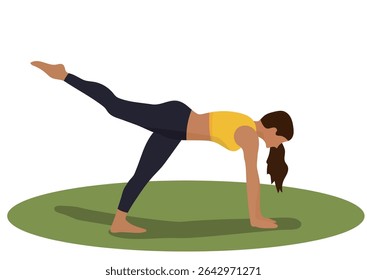 Woman doing yoga pose, leg swings on green mat. Isolated healthy lifestyle concept for fitness and exercise. Flat illustration on transparent background.