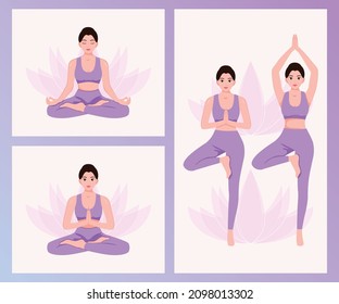 Woman doing yoga pose, lotus pose, tree pose, slim sporty young woman doing yoga and fitness exercises. Healthy lifestyle, meditation, relaxation, yoga concept