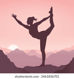 Woman doing an yoga pose at the mountain top, looking at sunrise. Illustration for yoga day