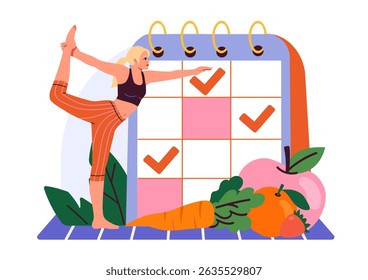 Woman doing yoga pose near calendar with checkmarks, surrounded by fruits and vegetables, flat style on white background. Concept of healthy lifestyle planning. Vector illustration