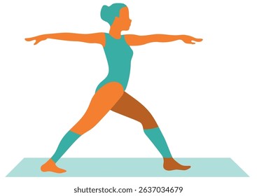 Woman doing a yoga pose on a mat. Flat geometric silhouette asana for fitness and healthy lifestyle graphic design on transparent background.