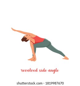 Woman doing yoga pose, Revolved Side Angle Pose Parivrtta Parsvakonasana asana in hatha yoga. Flat vector illustration isolated on white background