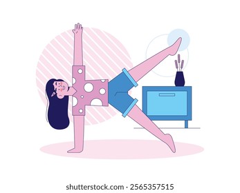 Woman doing yoga pose using one hand, training body balance. Character design. Vector flat illustration