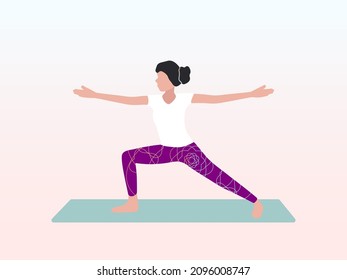 A woman is doing yoga in the pose of a warrior II or Virabhadrasana II. Can be used for poster, banner, flyer, postcard, website.