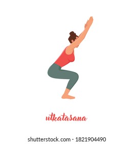 Woman doing yoga pose,Chair Pose or Utkatasana asana in hatha yoga. Flat vector illustration isolated on white background