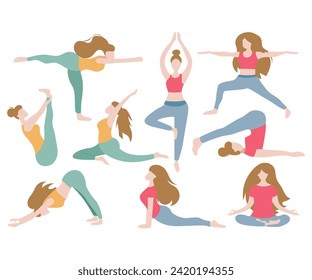 Woman doing yoga poses exercises for mental and physical health flat design vector illustration