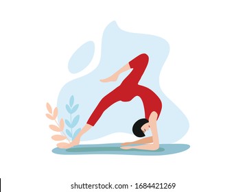 woman doing yoga poses, flat vector illustration with abstract background