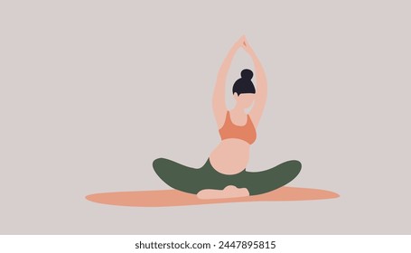 A woman is doing yoga poses while sitting on the floor. Concept of relaxation and mindfulness, as the woman focuses on her breathing and body movements. The pose she is in