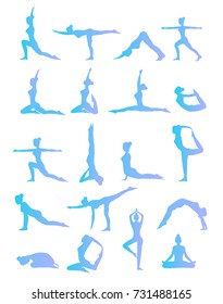 Woman is doing yoga positions. Female yoga illustration set. Woman's silhouette.