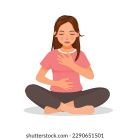 Woman doing yoga practice deep breathing exercise 