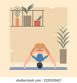 A woman is doing yoga in Prasarita Padottanasana, standing wide-legged forward bend pose. Can be used for poster, banner, postcard.