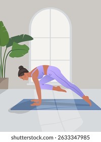 Woman doing yoga in purple suit. Vector illustration.