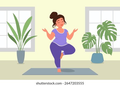 Woman doing yoga in room. Girl standing on one leg in relaxation meditation pose on mat with eyes closed