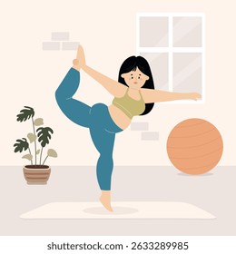 A woman is doing yoga in a room with a potted plant and a ball