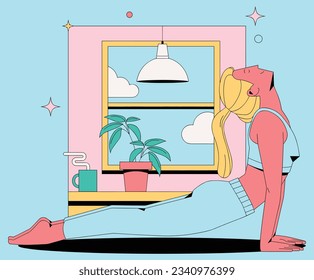 Woman doing yoga routine on home by the window vector illustration