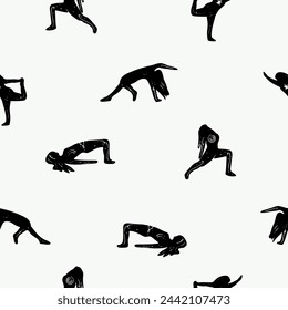 woman doing yoga seamless pattern. Healthy lifestyle print. pilates pose vector silhouette illustrations design isolated on white background