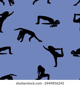 woman doing yoga seamless pattern. Healthy lifestyle print. pilates pose vector silhouette illustrations design isolated on white background