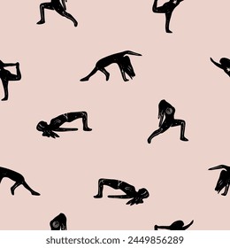 woman doing yoga seamless pattern. Healthy lifestyle print. pilates pose vector silhouette illustrations design isolated on white background