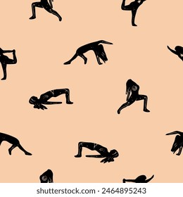 Mujer haciendo yoga sin patrón. Impresión de estilo de vida saludable. Pilates pose ilustración de silueta de Vector diseño aislado sobre fondo blanco