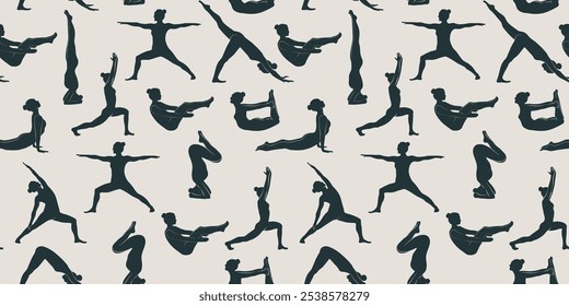 Mujer que hace el patrón inconsútil del yoga. El concepto de deporte, gimnasio, yoga, pilates, fitness, meditación y relax. Concepto de cuidado de la salud y estilo de vida. Ilustración vectorial.