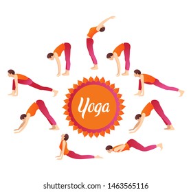Woman doing yoga. Yoga set in flat style.