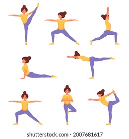 Woman doing yoga. Set of yoga poses. Healthy lifestyle, wellbeing, relax, recreation. Vector illustration