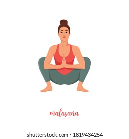 Woman doing yoga, sitting in malasana garland pose. Flat vector illustration isolated on white background