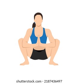 Woman doing yoga, sitting in malasana garland pose. Flat vector illustration isolated on white background