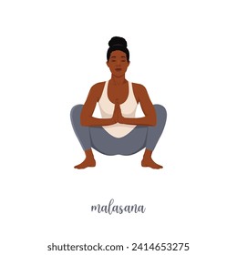 Woman doing yoga, sitting in malasana garland pose. Flat vector illustration isolated on white background