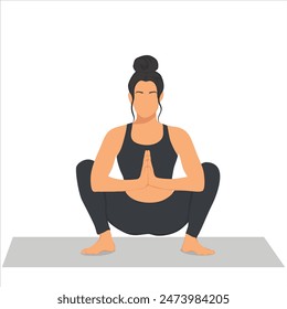 Woman doing yoga, sitting in malasana garland pose. Flat vector illustration isolated on white background.