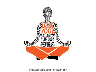 Woman doing Yoga in sitting posture. Illustration in typography style.
