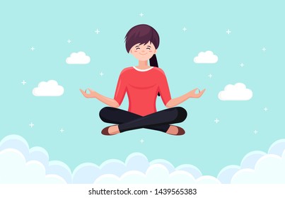 Woman Doing Yoga In .sky With Clouds. Yogi Sitting In Padmasana Lotus Pose, Meditating, Relaxing, Calm Down And Manage Stress. Vector Cartoon Design