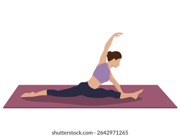 Woman doing yoga split on mat. Female performing stretching exercise for flexibility and wellness. Isolated illustration for fitness design on transparent background.