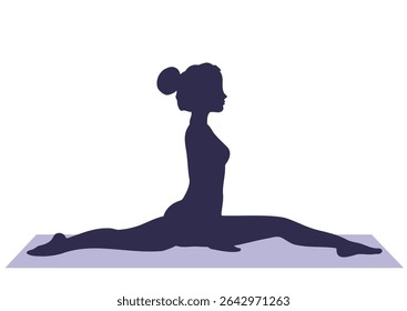 Woman doing yoga splits on a mat. Female silhouette in Hanumanasana pose for fitness, flexibility, and wellness concept.