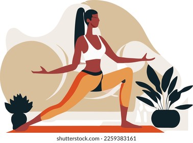 Woman doing yoga, sports exercises in a cozy interior. How to keep fit indoors. flat vector illustration