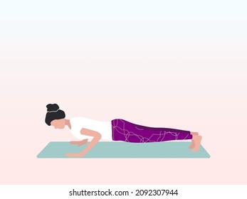 Woman doing yoga staff pose or Chaturanga Dandasana. Can be used for poster, banner, flyer, postcard, website. Warm-up, stretching.