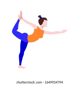 Woman doing yoga, standing in dancer pose, isolated on white, flat illustration