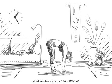 Woman doing yoga, standing in half forward bend pose in living room, Self isolation at coronavirus quarantine time, Hand drawn illustration Vector sketch