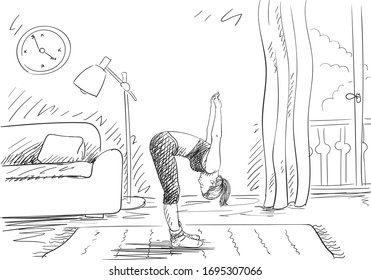 Woman doing yoga, standing in half forward bend pose with hands up in living room, Self isolation at coronavirus quarantine time, Hand drawn illustration Vector sketch