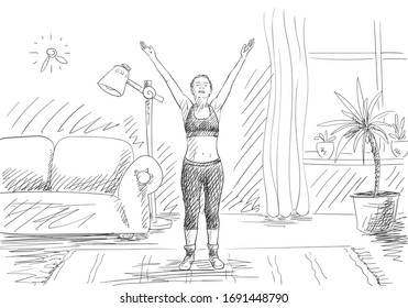 Woman doing yoga, standing with hands raising up in living room, Self isolation at coronavirus quarantine time, Hand drawn illustration Vector sketch