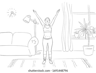 Woman doing yoga, standing with hands raising up in living room, Self isolation at coronavirus quarantine time, Hand drawn linear illustration Vector sketch