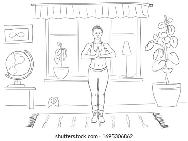 Woman doing yoga, standing with hands together in living room, Self isolation at coronavirus quarantine time, Hand drawn linear illustration Vector sketch