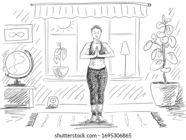 Woman doing yoga, standing with hands together in living room, Self isolation at coronavirus quarantine time, Hand drawn illustration Vector sketch