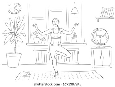 Woman doing yoga, standing on one leg in living room, Self isolation at coronavirus quarantine time, Hand drawn linear illustration Vector sketch