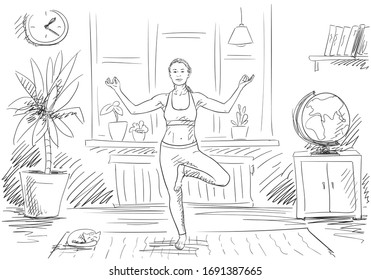 Woman doing yoga, standing on one leg in living room, Self isolation at coronavirus quarantine time, Hand drawn illustration Vector sketch