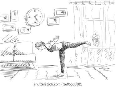 Woman doing yoga, Standing on one leg in living room, Self isolation at coronavirus quarantine time, Hand drawn illustration Vector sketch